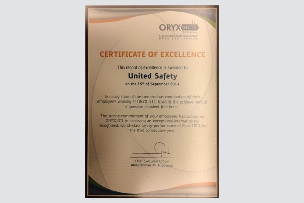 United Safety Qatar has been awarded the Certificate of Excellence by  Oryx GTL