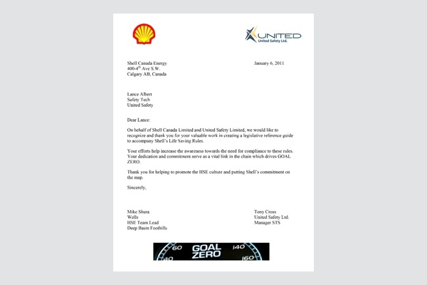 United Safety was recognized by Shell Canada Limited