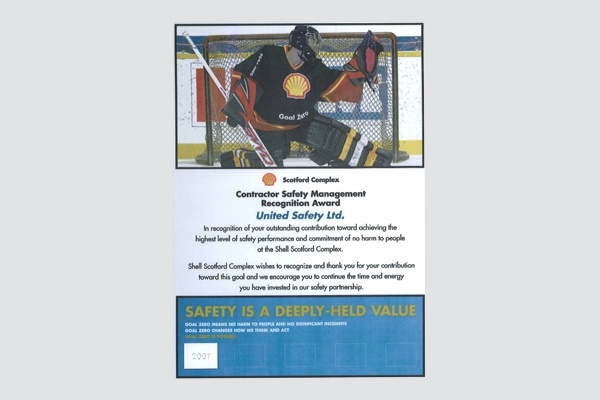 United Safety was awarded a Contractor Safety Management Recognition  Award by Shell Canada Limited